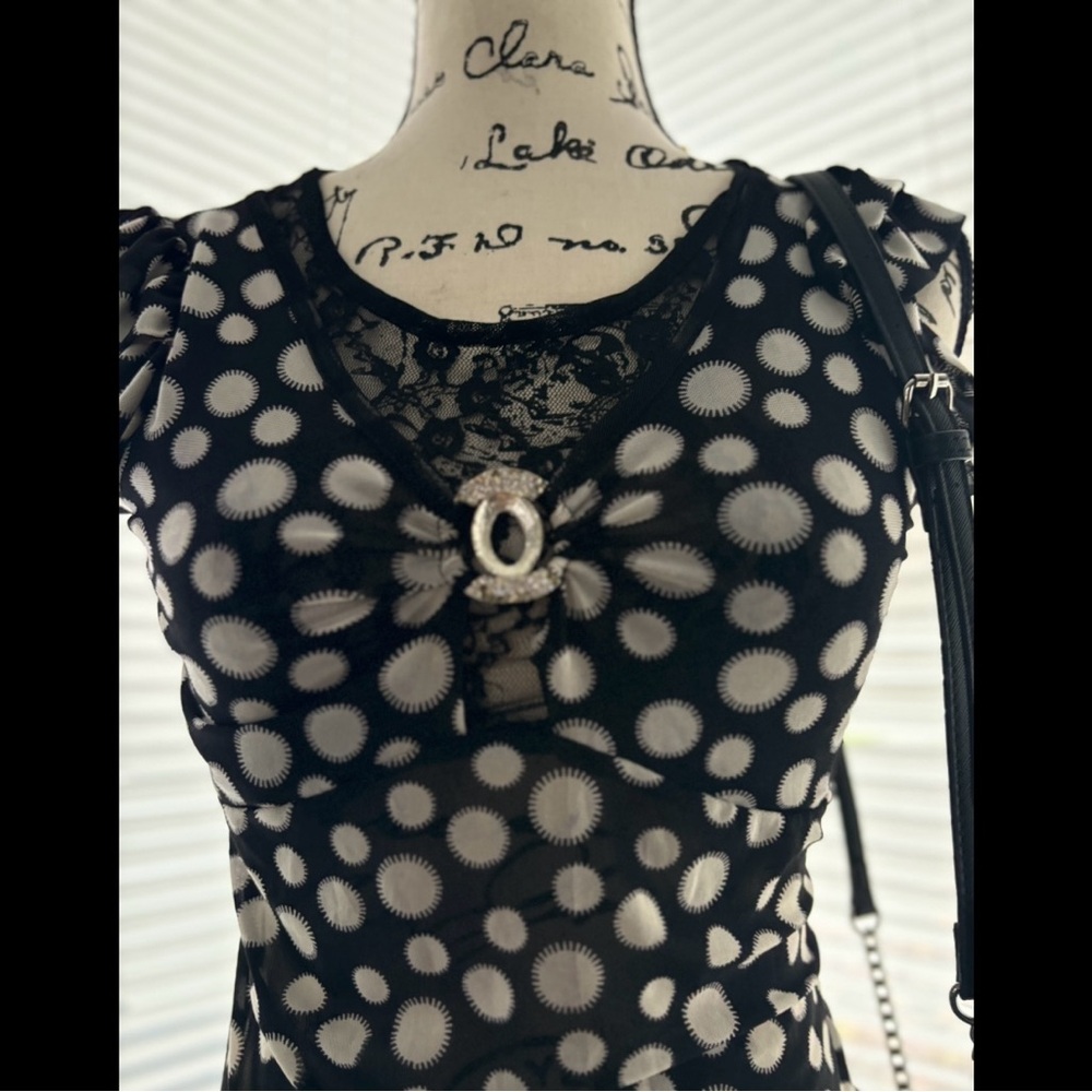 Vintage S/M Y2K Black and white polka dot tank top with jewel and lace detail.